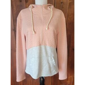 ANDTHEWHY Women M Pink & Gray Quilted Hoodie Sweater Half Zip Pullover Cozy Chic